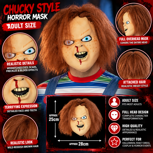 Chucky Style Horror Mask Adult Full Head with Hair – Halloween Fancy Dress