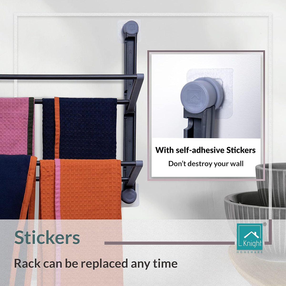 2 Tier Kitchen Towel Organiser – Foldable Wall Mounted Towel Rack – Stick-On (Grey)