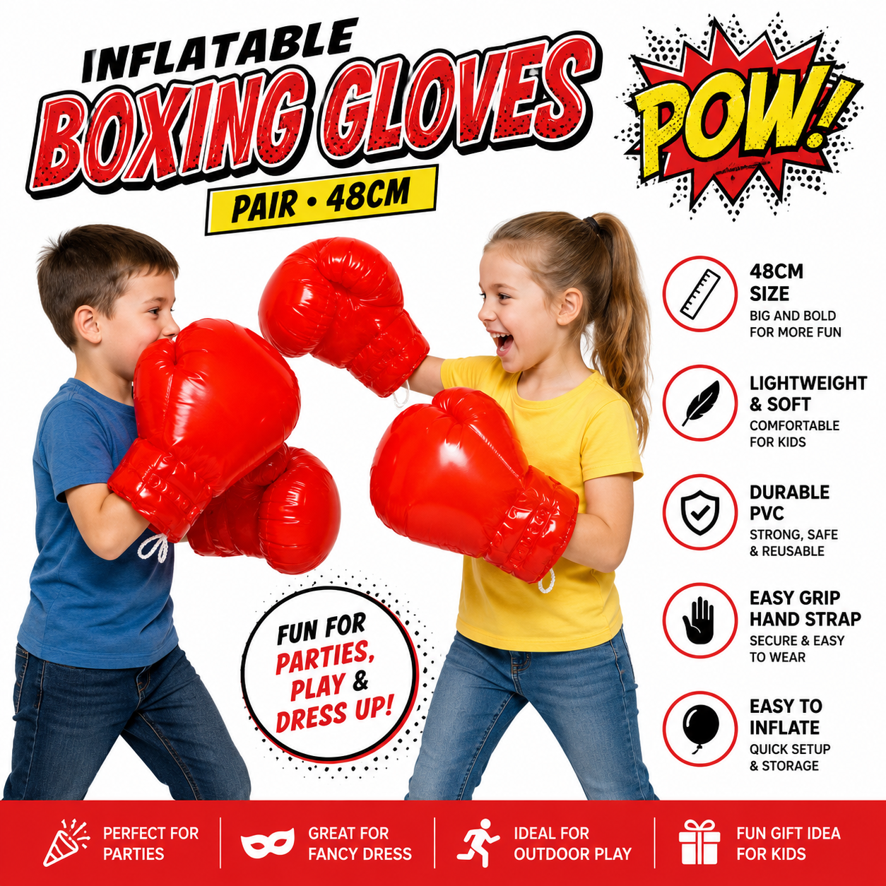 Kids Inflatable Boxing Gloves Pair 48cm Red Blow-Up Punching Gloves Party Toy