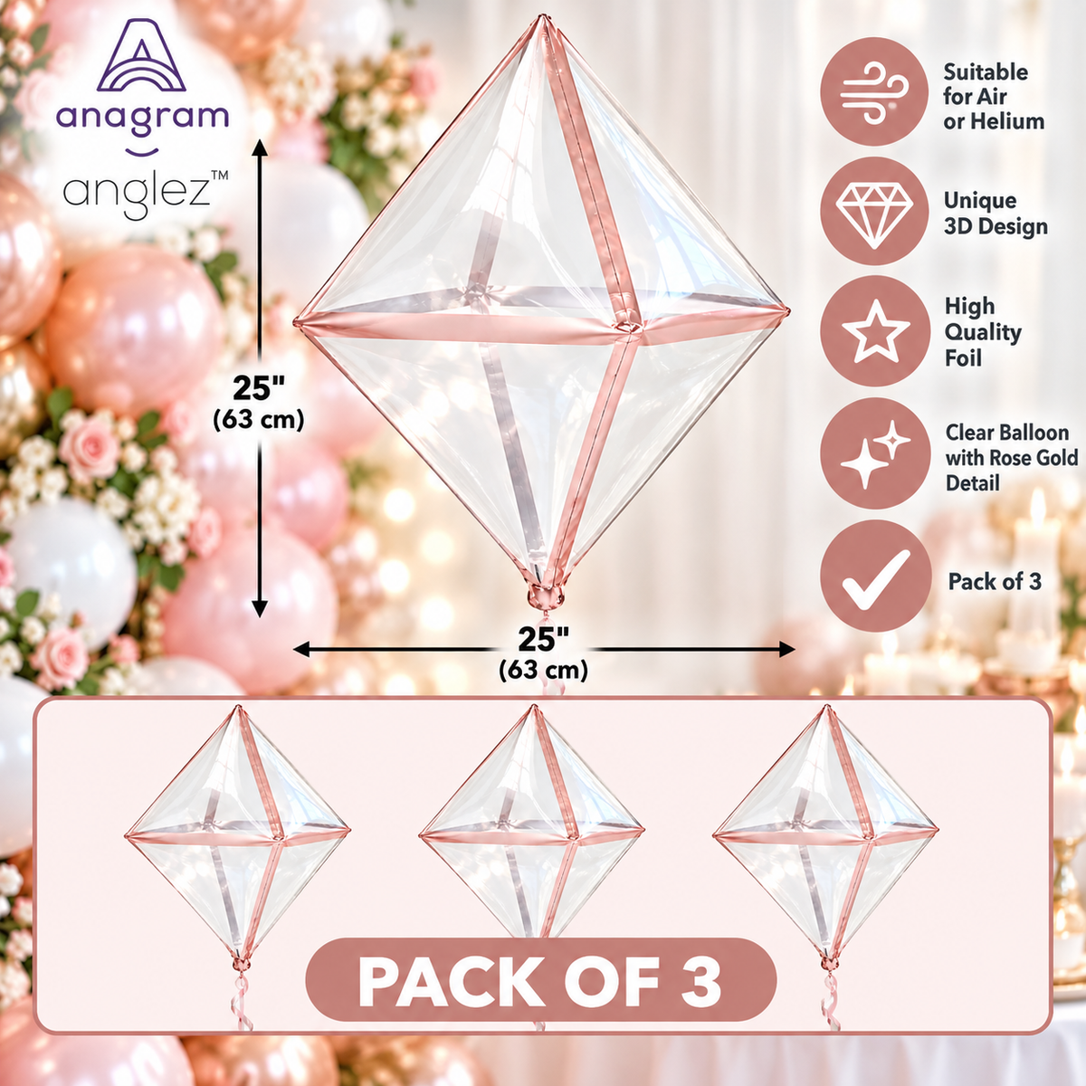 Anagram 25" Rose Gold Anglez Foil Balloons – Pack of 3