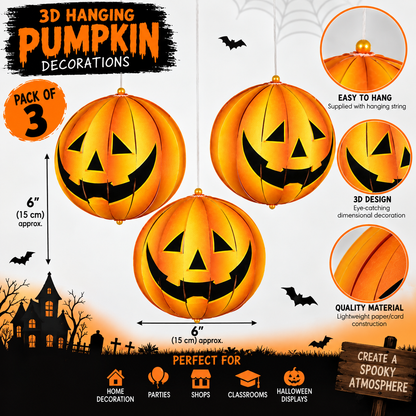 Halloween 3D Hanging Pumpkin Decorations – Pack of 3