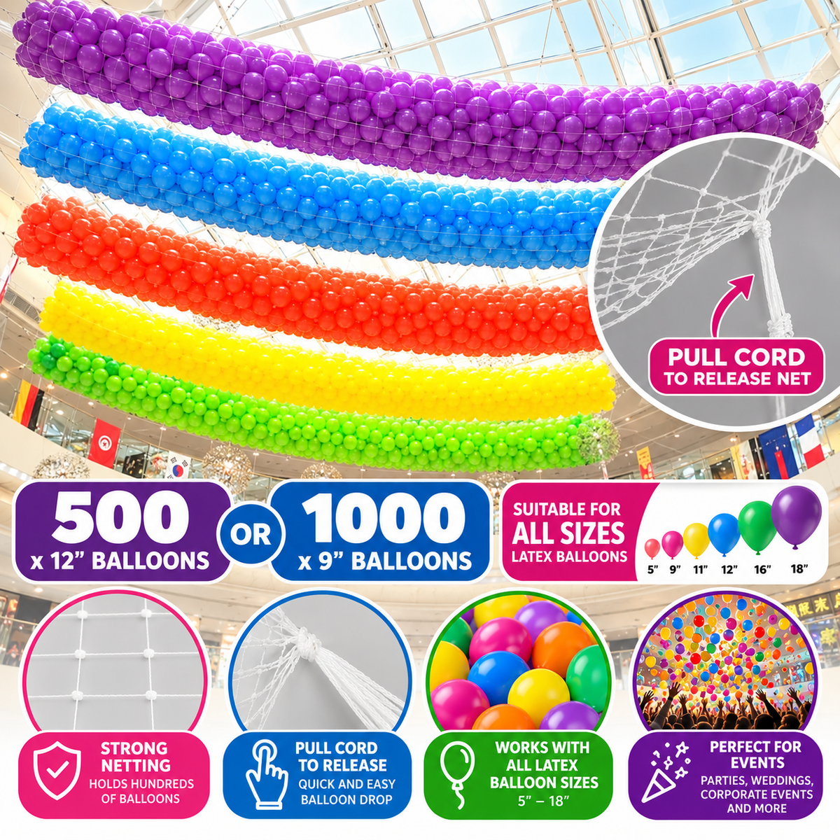 Balloon Drop Net – Pull Cord Release | Choice of 100, 200 or 1000 Balloon Capacity