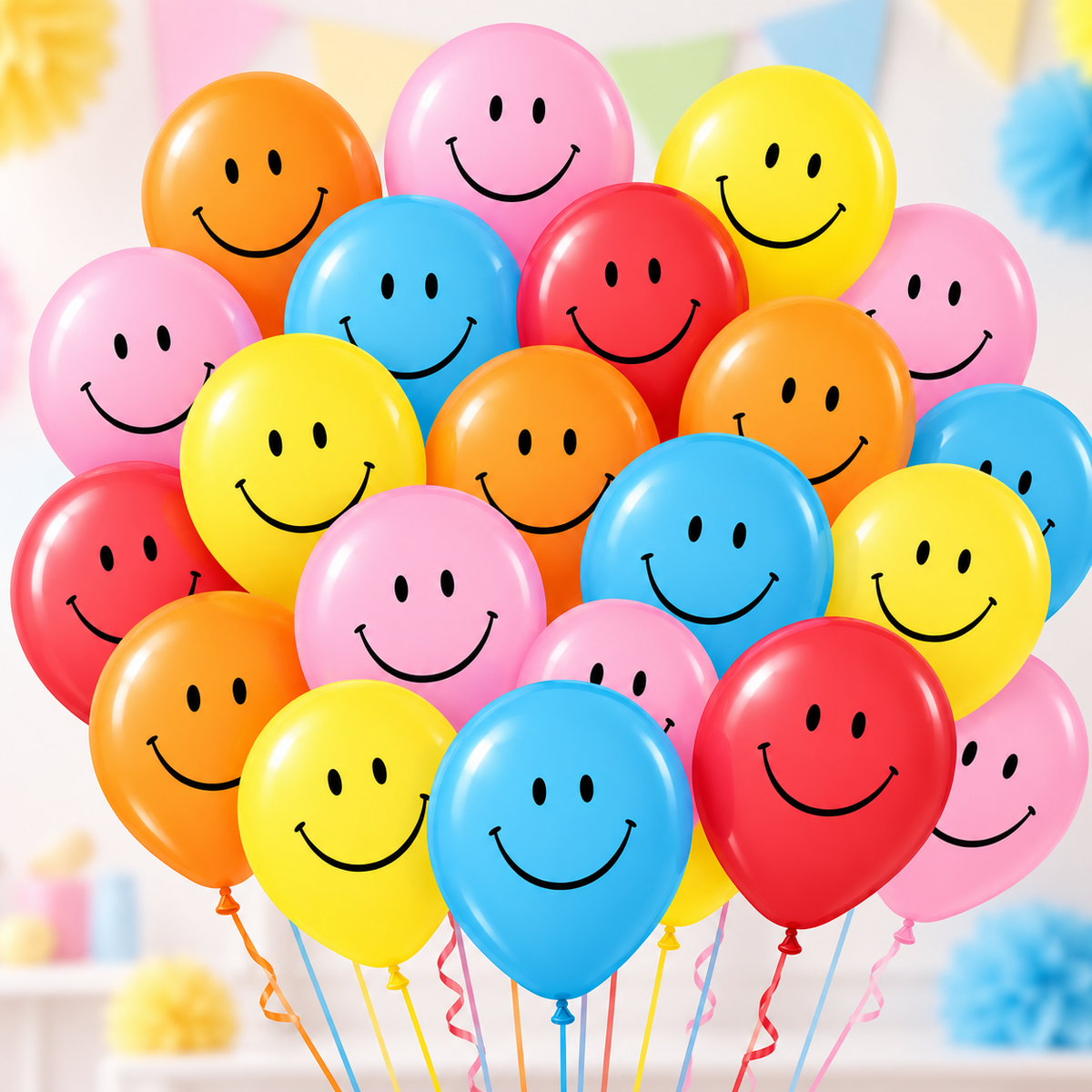 12" Smile Face Latex Balloons – Pack of 20 Assortment – Air or Helium