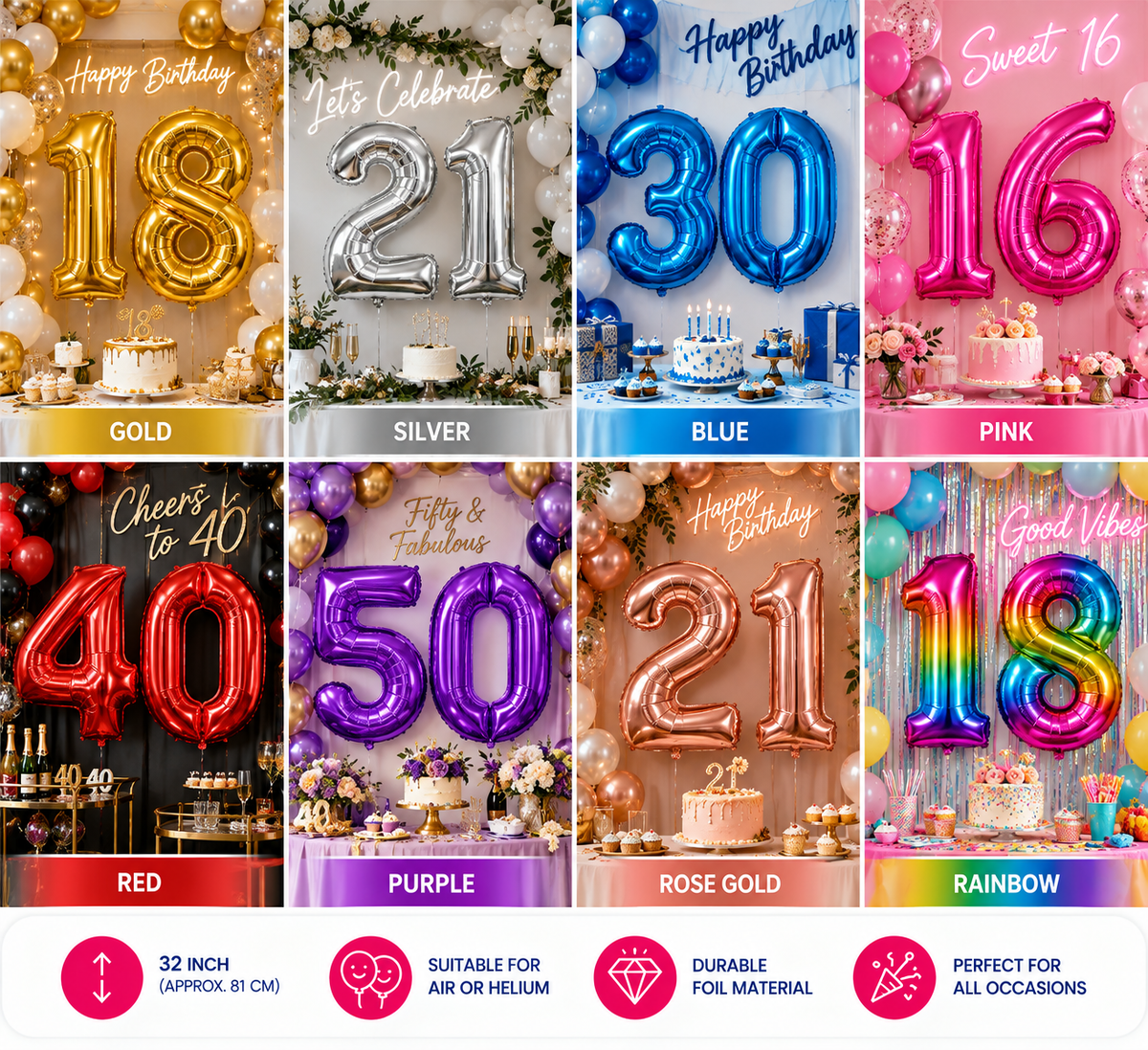 32" Foil Number Balloons 0-9 – Giant Birthday Number Balloon – Gold, Silver, Blue, Pink, Red, Purple, Rose Gold & Rainbow – Air or Helium