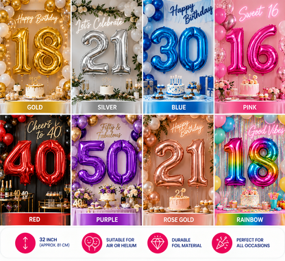 32" Foil Number Balloons 0-9 – Giant Birthday Number Balloon – Gold, Silver, Blue, Pink, Red, Purple, Rose Gold & Rainbow – Air or Helium