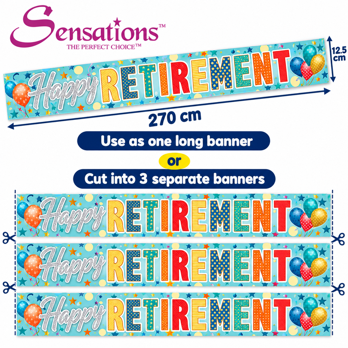 Happy Retirement Banner 270cm x 12.5cm – Banner repeats 3 times