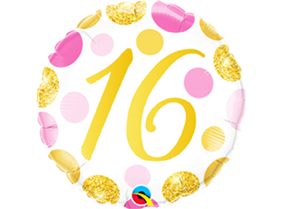 Qualatex 16th Pink & Gold Dots 18" Foil Balloon