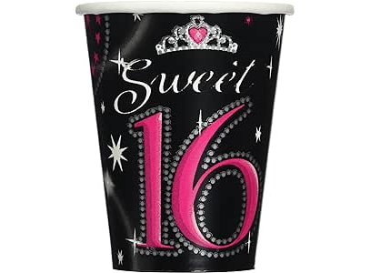 Pink Sweet 16 Sparkle 9oz Paper Cups 8pc
