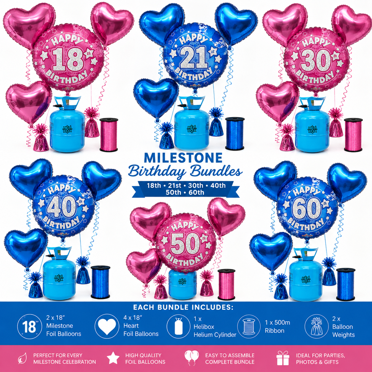 Pink / Blue Birthday Balloon Bundle with Helium Cylinder
