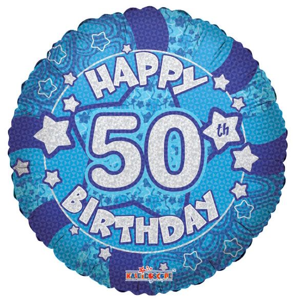 Holographic Blue Happy 50th Birthday 18-inch Foil Balloon