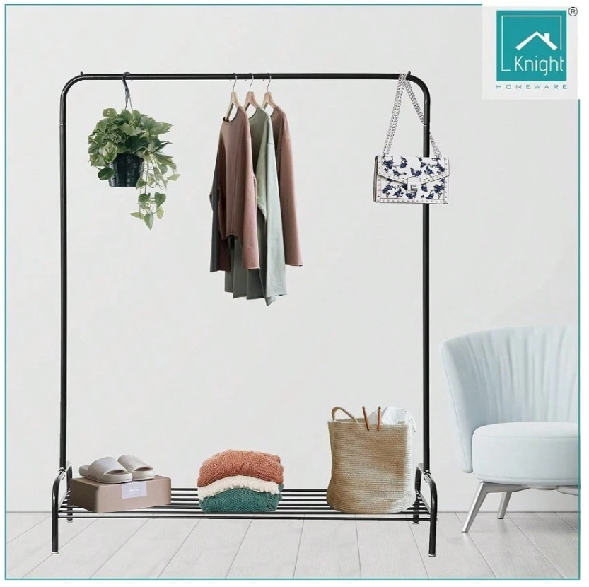 Knight Homeware Heavy Duty Clothes Rail with Shoe Rack – Freestanding Metal Garment Hanging Rack, 115.5 x 40 x 145 cm – Black