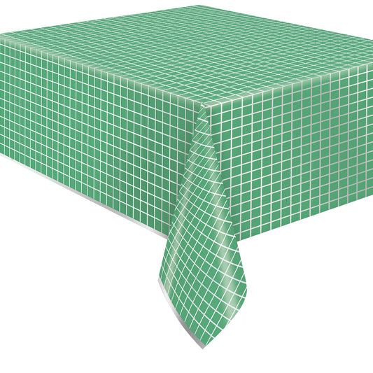 Unique Green & Silver Check Rectangular Plastic Table Cover (137cm x 213cm)