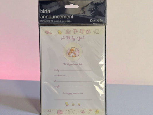 A Baby Girl Pink Birth Announcement with Envelopes 20pc
