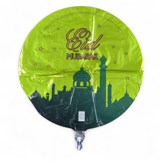Eid Mubarak Round Foil Balloon, Green, 18 Inch, Mosque Design with Stars, Suitable for Air or Helium