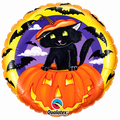 Qualatex 18" Halloween Foil Balloon – Black Cat & Pumpkin – Helium or Air Fill Party Decoration