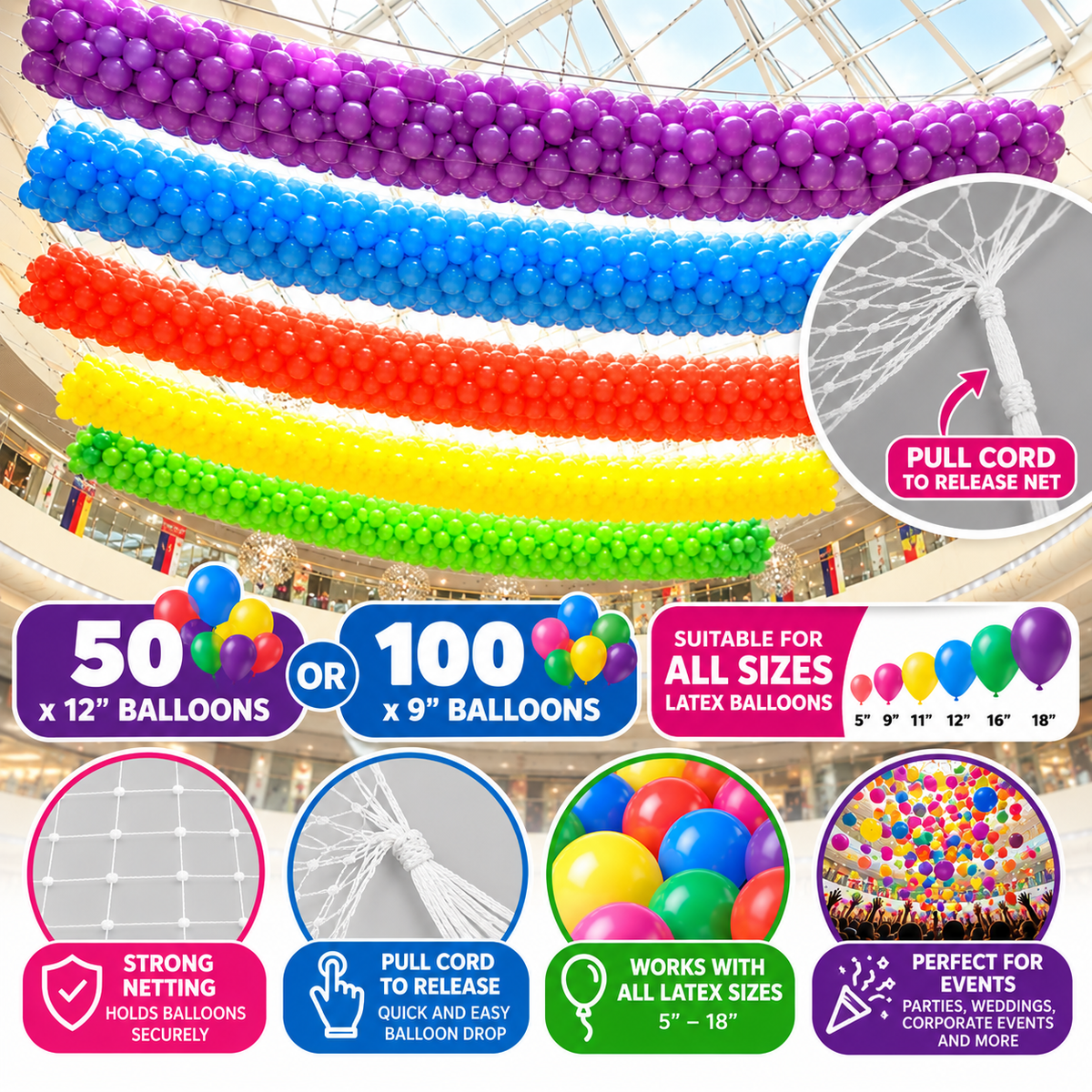 Balloon Drop Net – Pull Cord Release | Choice of 100, 200 or 1000 Balloon Capacity