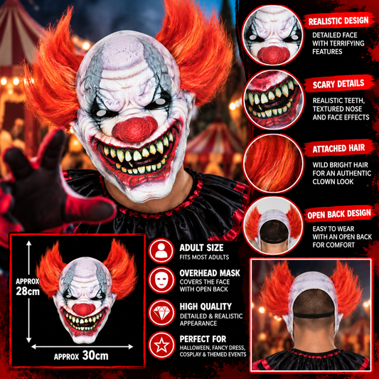 Scary Clown Halloween Mask Adult with Hair – Open Back Horror Fancy Dress