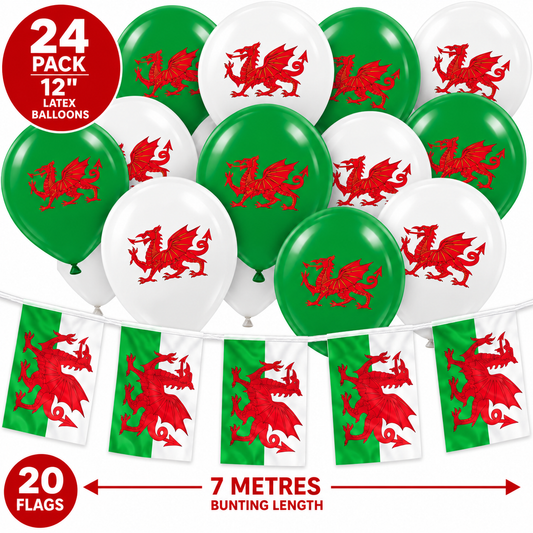 Wales Party Set – 7m Bunting (20 Flags) & 24 x 12" Balloons