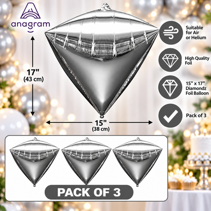 Anagram 15" x 17" Silver Diamondz Foil Balloons – Pack of 3