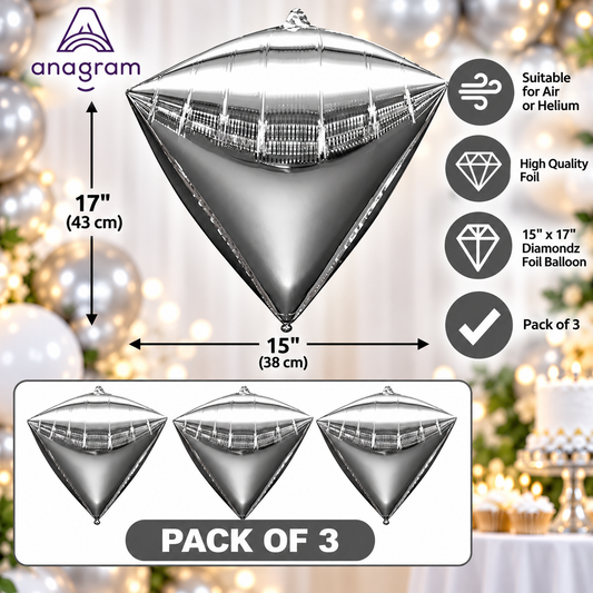 Anagram 15" x 17" Silver Diamondz Foil Balloons – Pack of 3