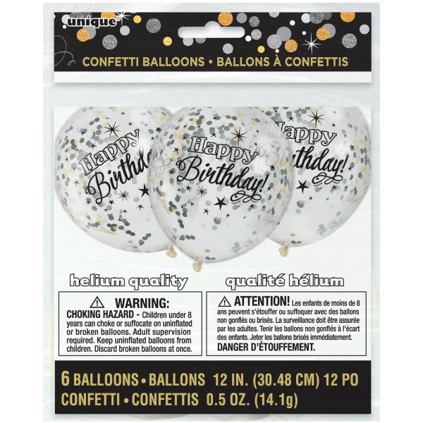 Unique Clear Black & Gold Glittering Birthday 12" Latex Balloons 6ct