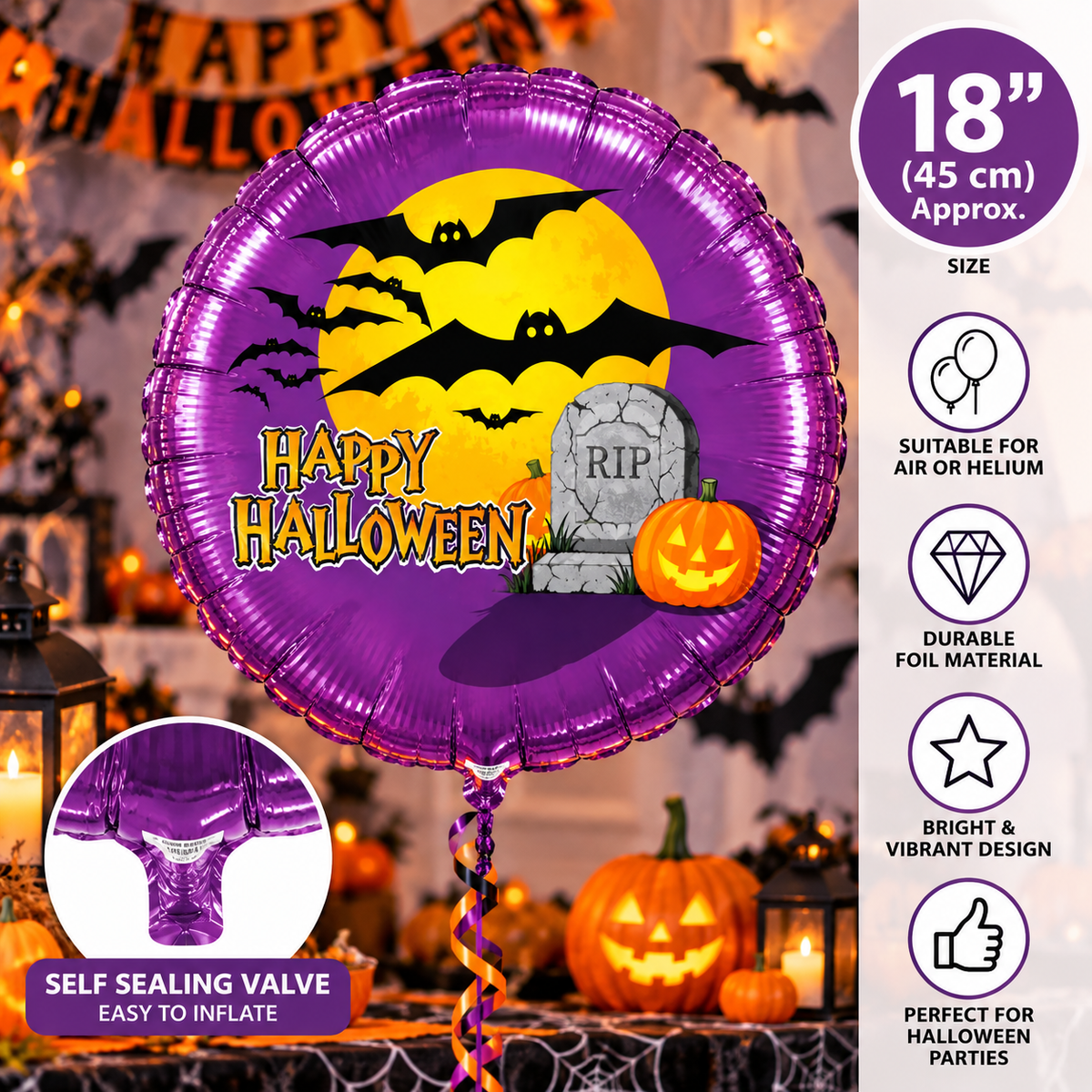 18" Happy Halloween Foil Balloon Purple Bats Pumpkin & Tombstone Party Decoration