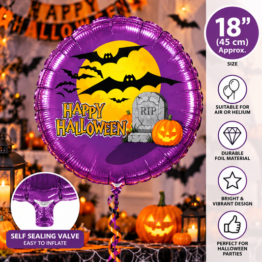 18" Happy Halloween Foil Balloon Purple Bats Pumpkin & Tombstone Party Decoration