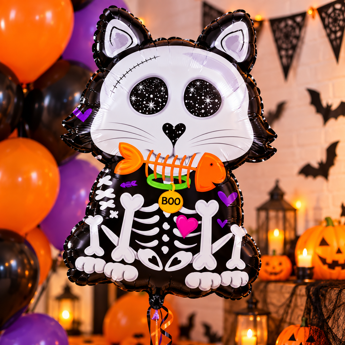 Halloween Skeleton Cat Foil Balloon 24" / 60cm – Black & White Scary Cat Balloon – Air or Helium Party Decoration