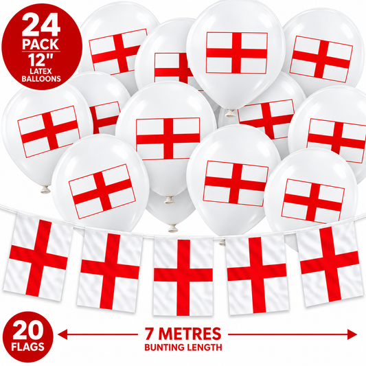 England St George’s Party Set – 7m Bunting (20 Flags) & 24 x 12" Balloons