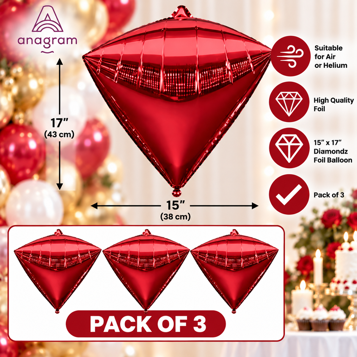 Anagram 15" x 17" Red Diamondz Foil Balloons – Pack of 3