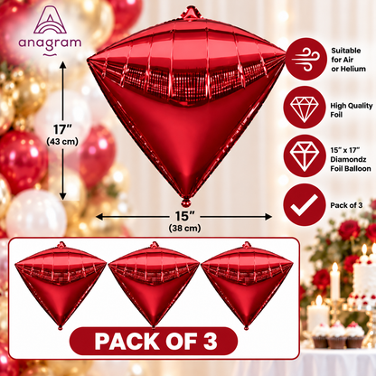 Anagram 15" x 17" Red Diamondz Foil Balloons – Pack of 3
