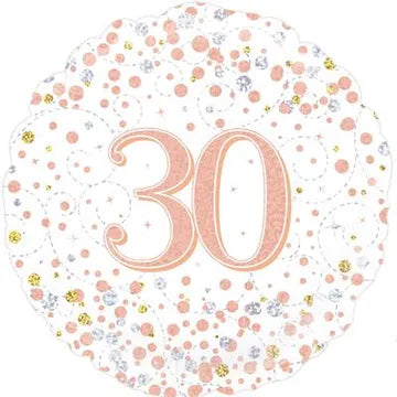 Happy 30th Sparkling Fizz Birthday White & Rose Gold 18-inch Holographic