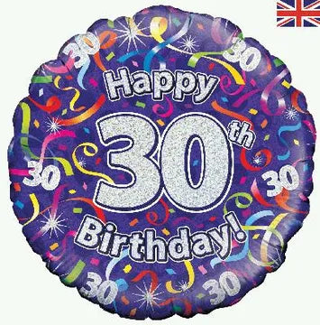 30th Birthday Streamers 18-Inch Holographic Foil Balloon