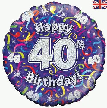 40th Birthday Streamers 18-Inch Holographic Foil Balloon