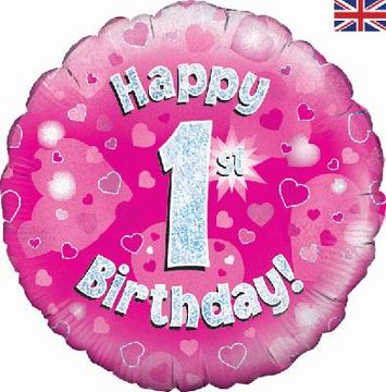 Happy 1st Birthday Pink Holographic 18" Balloon
