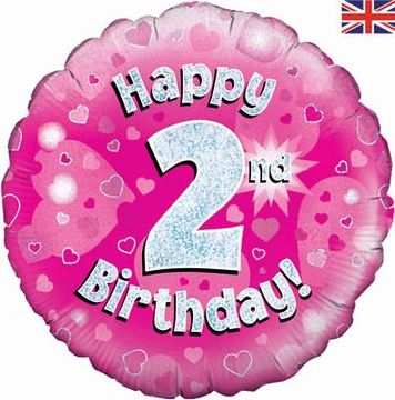 Happy 2nd Birthday Pink Holographic 18" Balloon