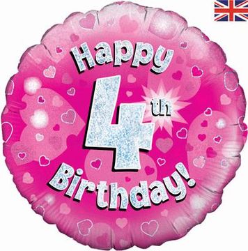 Happy 4th Birthday Pink Holographic 18" Balloon