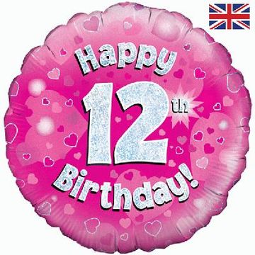 Happy 12th Birthday Pink Holographic 18" Balloon