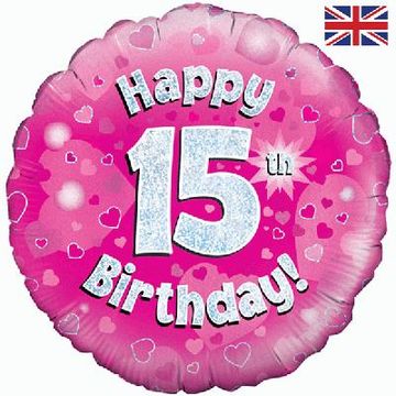 Happy 15th Birthday Pink Holographic 18" Balloon