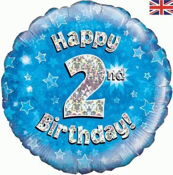 Happy 2nd Birthday Blue Holographic 18" Balloon