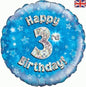 Happy 3rd Birthday Blue Holographic 18" Balloon