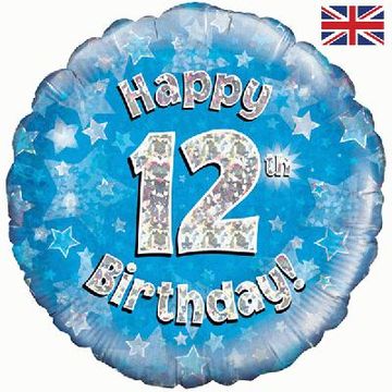 Happy 12th Birthday Blue Holographic 18" Balloon