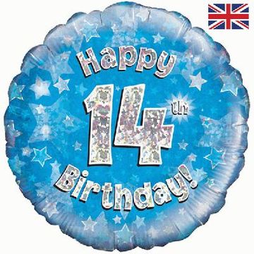 Happy 14th Birthday Blue Holographic 18" Balloon