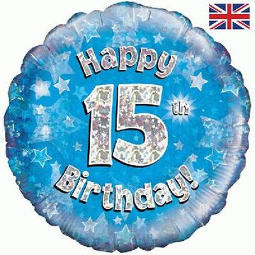 Happy 15th Birthday Blue Holographic 18" Balloon