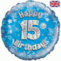 Happy 15th Birthday Blue Holographic 18" Balloon