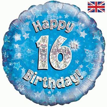 Happy 16th Birthday Blue Holographic 18" Balloon