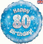 Oaktree 18inch Happy 80th Birthday Blue Holographic Foil Balloon