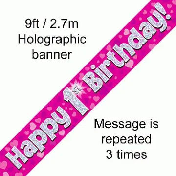 Pink Holographic Happy 1st Birthday Banner – 2.7m (9ft)