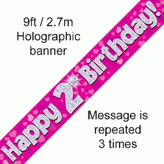 Pink Holographic Happy 2nd Birthday Banner – 2.7m (9ft)