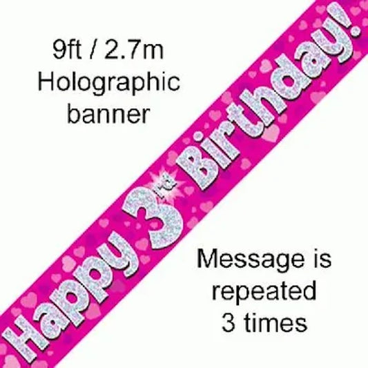 Pink Holographic Happy 3rd Birthday Banner – 2.7m (9ft)